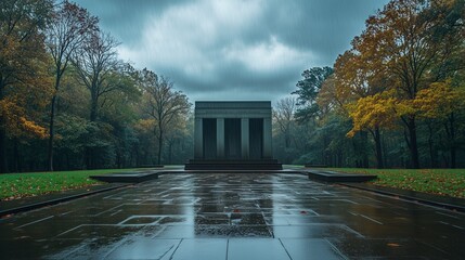Majestic stone mausoleum in rainy autumn forest with dramatic sky and reflections