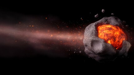 Fiery Meteor Rock Flying Through Space with Bright Flames and Smoke