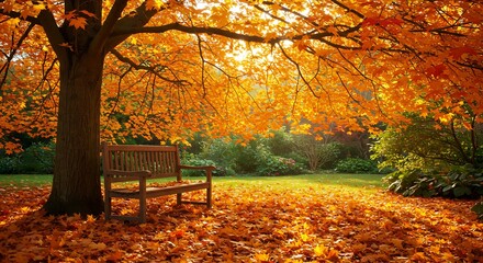 A garden covered in golden autumn leaves, with a wooden bench placed under a maple tree.
