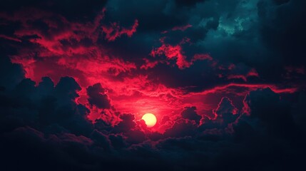 Naklejka premium Crimson sun setting behind dramatic, dark clouds