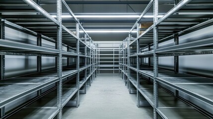 Fototapeta premium A clean, organized industrial warehouse with tall metal shelves.