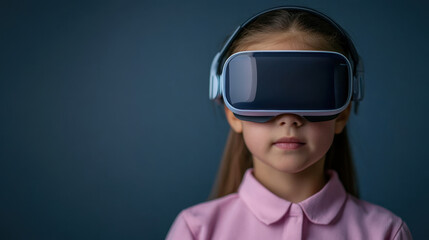 child wearing virtual reality goggles, immersed in digital experience, showcases future of learning and technology. expression reflects curiosity and engagement