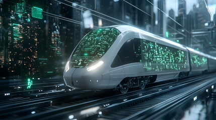 Futuristic train speeding through a cityscape showcasing technological advancement. Ideal for visualizing urban mobility innovation and high-speed transportation concepts.