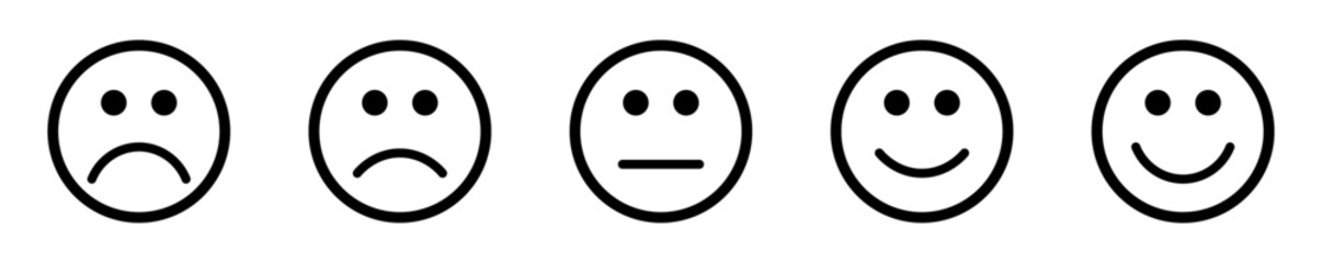 Rating emoji set. Feedback emoticons collection. Feedback and rating emoji set. Very happy, happy, neutral, sad and very sad emojis icon set with white background. Emoji, feedback.