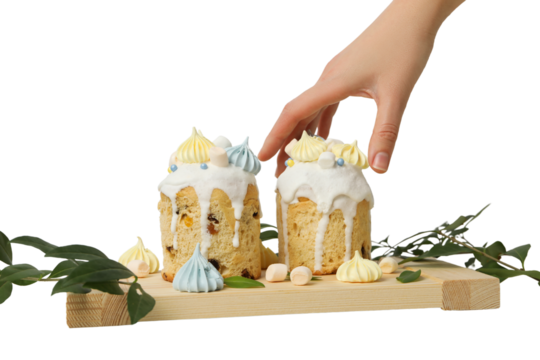 PNG, Easter, Easter bread on a wooden board with leaves, with a hand, isolated on a white background - Powered by Adobe