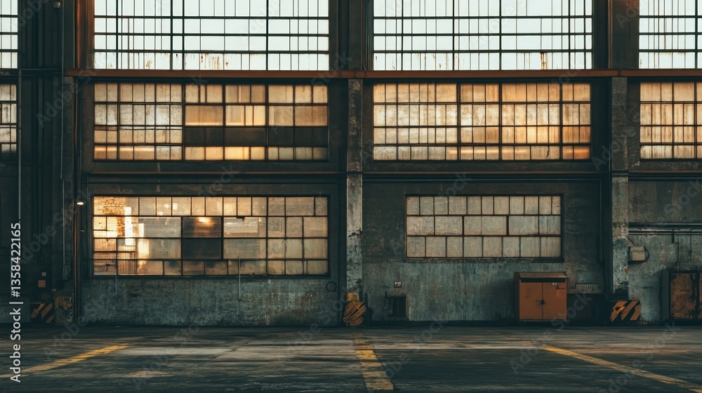 Poster grungy industrial interior with large windows, showing a worn wall and empty floor space.