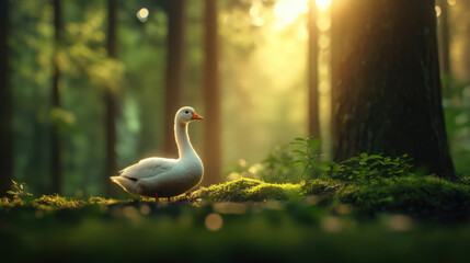 serene white goose stands gracefully in sunlit forest, surrounded by lush greenery and soft moss. warm sunlight filters through trees, creating magical atmosphere