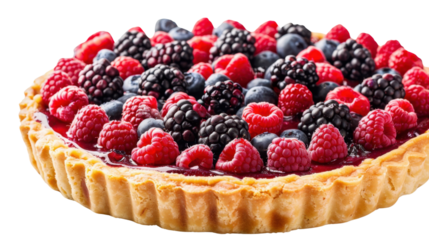 Delicious mixed berry tart with fresh raspberries, blueberries and blackberries on transparent background