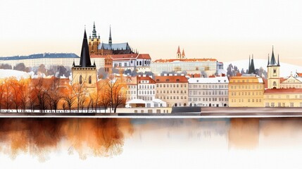 Fototapeta premium Gentle Watercolor Scene of Prague Castle with Reflection and Autumn Colors