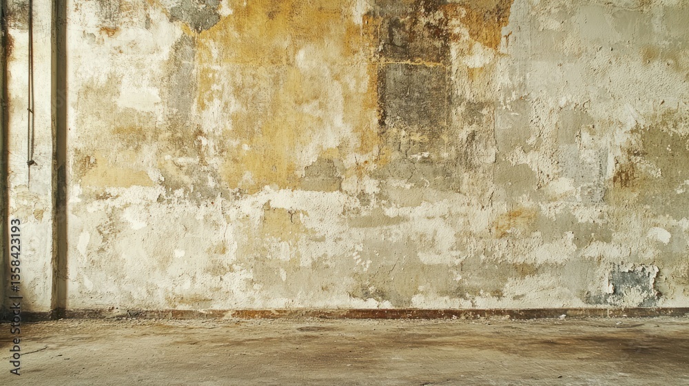 Poster grungy textured wall and floor in abandoned building interior.