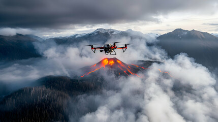 A drone surveys an active volcano with flowing lava under a cloudy sky. The image showcases scientific research and monitoring of natural phenomena.