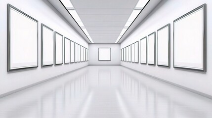 Spacious White Office Hall with Empty Frames and Large Posters