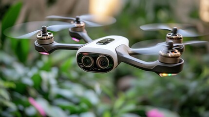 Close-up of a white and gray drone with dual cameras hovering mid-air in a lush green garden.