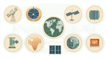 Futuristic Satellite Sticker Design with Diverse Satellites Orbiting a Stylized Earth in a Vibrant and Modern Graphic Style