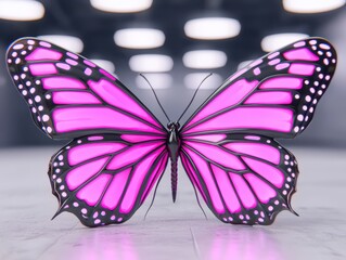 A Vibrant Iridescent Pink Butterfly with Metallic Accents Crafted from Polished Gemstone on a Sleek Reflective Surface