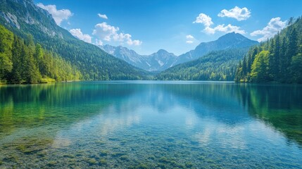 Fototapeta premium Serene Alpine Lake: A Breathtaking Panorama of Crystal Clear Water and Majestic Mountains