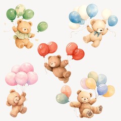 Watercolor bear with balloons design element set