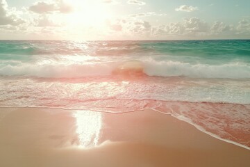 Gentle waves caress the sunlit shore at sunset, glitte on pink sand by the turquoise ocean, creating a serene landscape
