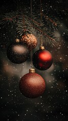 Glistening Christmas Ornaments in Dark Brown, Deep Red and Shimme Bronze Hanging from Fir Branch Against Soft Background