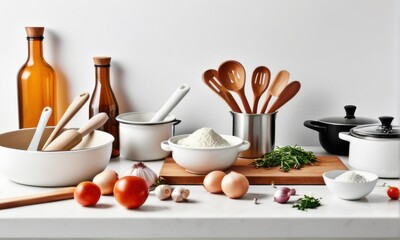 White Kitchen Countertop with Cooking Ingredients and Utensils