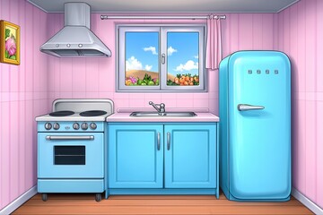 Sunlit pastel-pink kitchen featu light-blue appliances and cabinetry with a vibrant fruit orchard view through the window