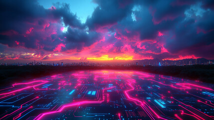A futuristic digital circuit board overlay illuminates a cityscape at sunset, symbolizing the fusion of technology, innovation, and modern urban growth.

