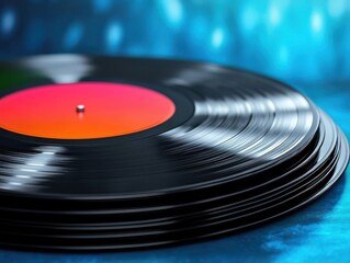 A stack of vibrant vintage vinyl records illuminating a 3D imagined music festival bursting with colorful energy and nostaia