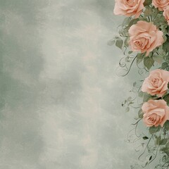 Vibrant peach roses and delicate vines entwined in a sun-drenched glade against a soft textured sage-green backdrop