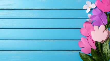 Colorful Paper Flowers on Blue Wooden Background for Creative Projects
