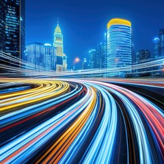 Neon Lights Flicke Above Bustling City Highway Illuminating Streaks of Vibrant Light Trails from Speeding Vehicles Curving Around