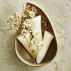 A Close-Up of Lutefisk Elegantly Arranged in a Teardrop-Shaped Bowl Surrounded by Delicate Flowers in Professional Photography