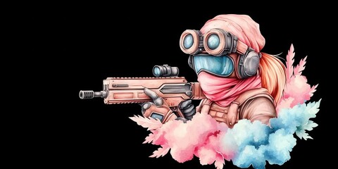 Retro-futuristic female soldier in tan tactical gear aiming futuristic steam-powered weapon adorned with pink headscarf