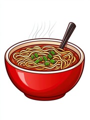 Steam rises from a vibrant red bowl of creamy tomato noodle soup, garnished with green onions and served with chopsticks