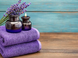 Steam, droplets, and calming ambiance with a lit candle beside dark purple essential oil bottles in a serene setting