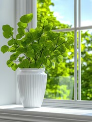 Sunlight Illuminates a White Ribbed Vase Filled with Lush Green Leaves Creating Soft Shadows Through a Glass Window