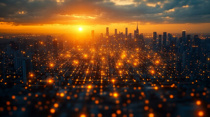 A futuristic digital circuit board overlay illuminates a cityscape at sunset, symbolizing the fusion of technology, innovation, and modern urban growth.


