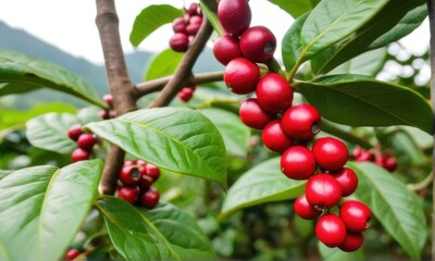 Fototapeta premium Ripe Red Coffee Cherries on Branch with Green Leaves