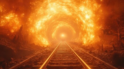 Fiery tunnel train tracks; apocalyptic landscape background