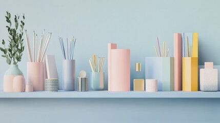 Colorful Desktop Arrangement with Simple Vases and Stationery Holders