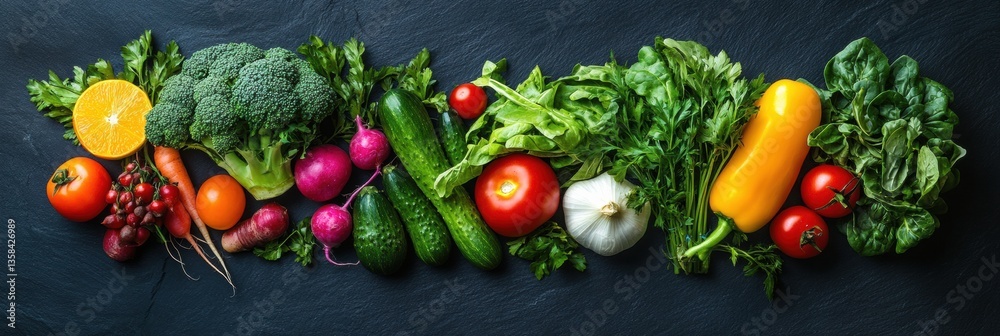 Poster fresh organic vegetables beautifully arranged on a dark slate background showcasing farm-to-table ae