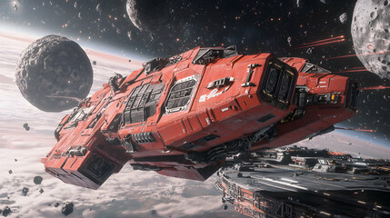 A detailed red spacecraft amidst a cosmic landscape with asteroids planets and stellar features. Ideal for sci-fi world-building or space exploration visual content.