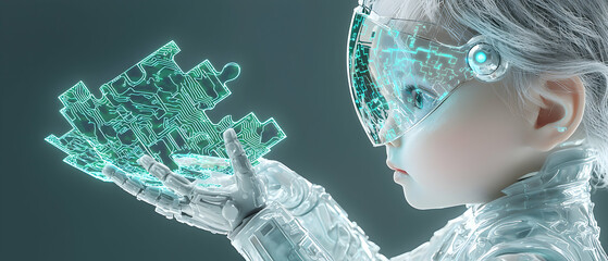 A futuristic child explores a circuit board puzzle. This suggests AI development or technological integration. Use it for education or a science fiction theme.