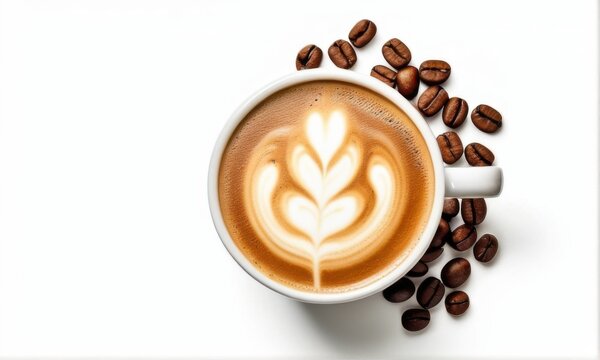 Overhead Close Up of Latte Art Coffee with Coffee Beans on White Background