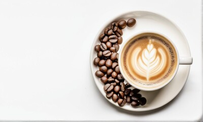 Obraz premium Latte Art with Roasted Coffee Beans on White Saucer