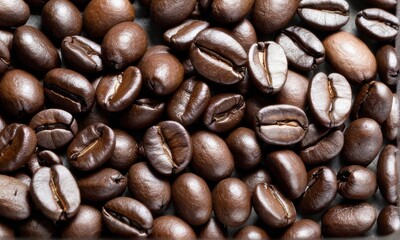 Fototapeta premium Roasted Coffee Beans Close Up, Rich Brown Tones, Glossy Texture