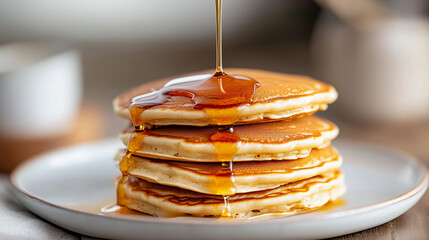 Fluffy pancakes stacked high on a white plate with syrup drizzling down in a cozy kitchen setting