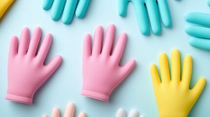 Fototapeta premium Colorful Rubber Gloves Arranged on Light Blue Background for Cleaning