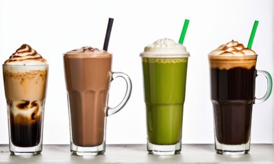 Five Iced Coffee Drinks in Clear Glasses Against White Background