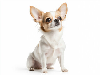 Charming small dog sitting gracefully against a white background, showcasing its playful expression and attentive gaze