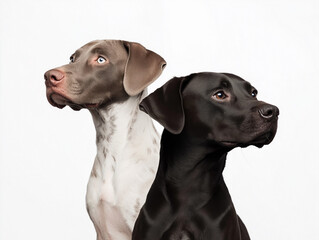 Two dogs with distinct fur patterns stand back to back against a neutral background in a portrait style